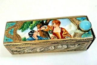 Vintage Italy Silver Lipstick Holder Compact Hand Painted Scene & Turquoise.