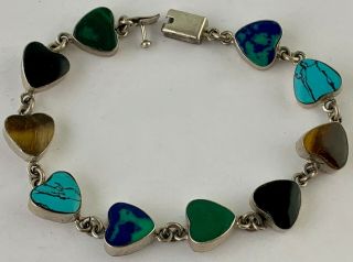 Vintage Sterling Silver Heart Link Bracelet Onyx Turquoise Agate Stone Mexico