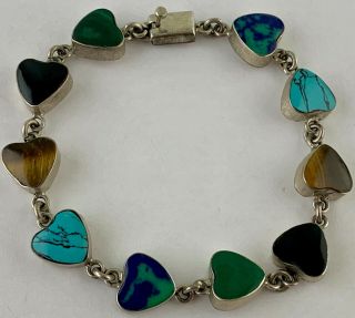 VINTAGE STERLING SILVER HEART LINK BRACELET ONYX TURQUOISE AGATE STONE MEXICO 6
