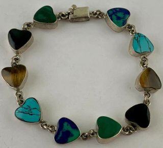 VINTAGE STERLING SILVER HEART LINK BRACELET ONYX TURQUOISE AGATE STONE MEXICO 7