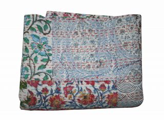 Indian Vintage Patchwork Print Handmade Kantha Quilt Bedspread Queen Throw Decor