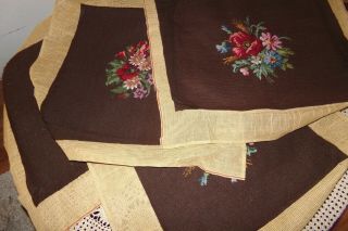 Vintage Handmade Hand Needlepoint Chair / Seat Covers Floral Brown 16 " Square