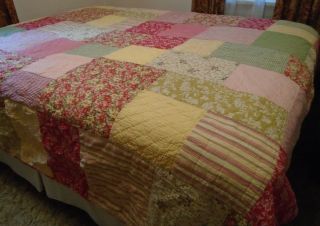 Vintage Handmade All Cotton Queen Patchwork Quilt Generous Size 90x90 - Colorful