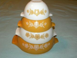 Vintage Pyrex Butterfly Gold Cinderella Nesting Mixing Bowl Set 441 442 443 444