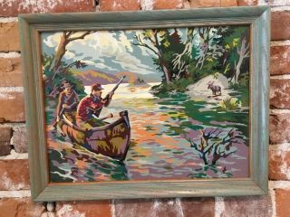 Vintage Moose Hunting Ducks Canoe Hunters Gun Paint By Number Pbn Framed Art