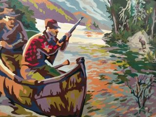Vintage Moose Hunting Ducks Canoe Hunters Gun Paint By Number PBN Framed Art 3