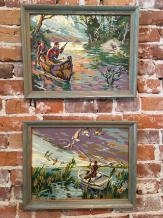 Vintage Moose Hunting Ducks Canoe Hunters Gun Paint By Number PBN Framed Art 5