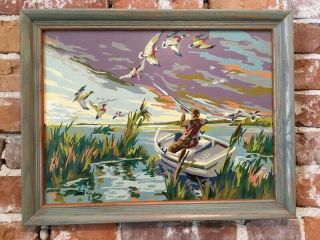 Vintage Duck Hunting Ducks Boat Gun Paint By Number Pbn Framed Art