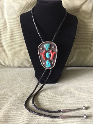Vintage Navajo Turquoise Red Coral Sterling Native American Signed Bolo Tie 54g