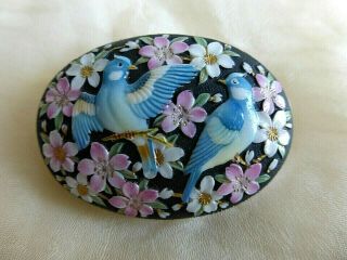 Old Vintage Rare Toshikane Brooch Pin Japanese Porcelain Birds Flowers Japan