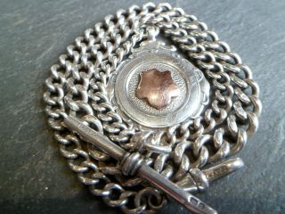 117 Yo Antique Solid Silver Graduated Albert Pocket Watch Chain,  9ct Gold Fob