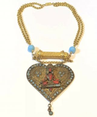 VTG Antique Old Tibetan Nepalese Brass Turquoise Coral Goddess Necklace Large 5