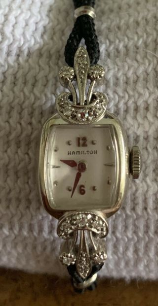 Vintage Estate Art Deco 14k White Gold Hamilton Ladies Watch Diamonds