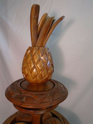 Vintage Wood Lazy Susan Pod Teak 4 - Tier Pineapple Hawaiian Tiki Server Carved 2