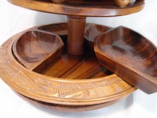 Vintage Wood Lazy Susan Pod Teak 4 - Tier Pineapple Hawaiian Tiki Server Carved 5