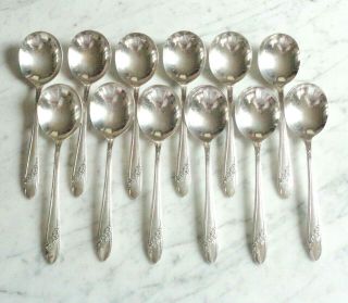 12 Queen Bess Oneida Community Silver Plate 7 1/8 In Bouillon Cream Soup Spoons