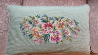 Vintage Needlepoint Throw Pillow Flowers Floral On Green Bkgd Tan Velvety Back