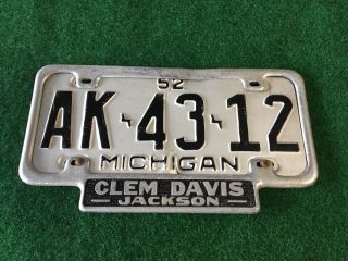 1952 Michigan License Plate Vintage Rare Dealership Frame