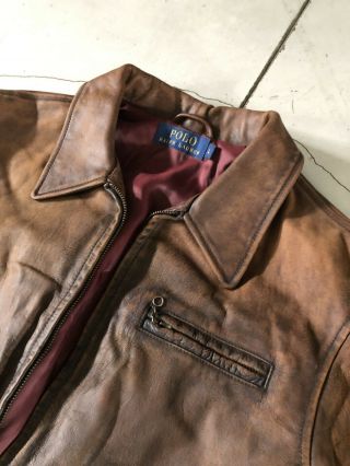 Polo Ralph Lauren Large Brown Leather Biker Jacket RRL Newsboy Tarnished VTG 5