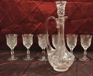 Vintage Cut Glass Crystal Decanter With Hobstar Fan And 6 Cordial Glasses