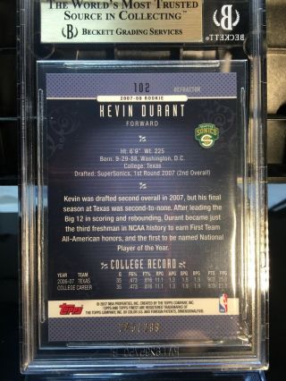 2006 - 07 Topps Finest Blue Refractor Kevin Durant BGS 9.  5 Gem RC XRC /299 RARE 6