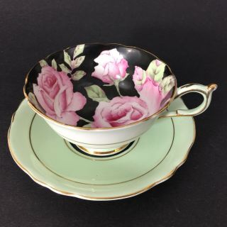 Paragon Teacup & Saucer Pink Cabbage Rose Black GREEN Footed Tea Cup England VTG 2