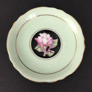 Paragon Teacup & Saucer Pink Cabbage Rose Black GREEN Footed Tea Cup England VTG 3