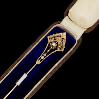 Antique Vintage Art Nouveau 14k Gold Jugendstil Diamond Pearl Stick Pin Brooch