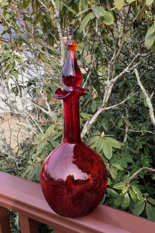 14 " Mcm Pilgrim Red Crackle Glass Decanter Vtg Studio Art Sculpture Bottle Decor