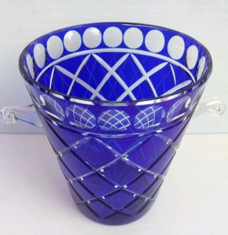 Vintage Cobalt Blue Cut To Clear Glass Ice Bucket Wine Cooler 8 "