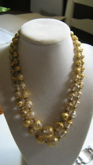 Vintage Venetian Murano Fiorato 24k Gold Foil Hand Knotted Glass Bead Necklace