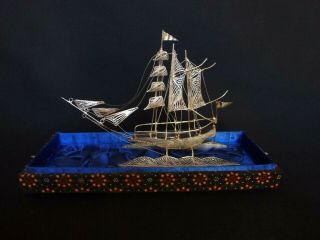 Vintage Filigree Silver Sailing Ship/boat In Glass Case