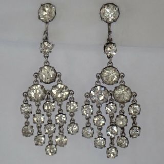 Antique Art Deco Sterling Silver Crystal Paste Rhinestone Chandelier Earrings
