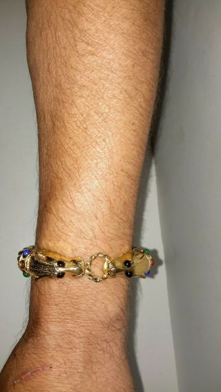 Vtg gp signed Les Bernard double horse head cabochon bead cuff band bracelet 2