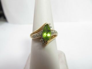 Vintage 10k Solid Gold Ring With Marquise Natural Peridot And Diamonds