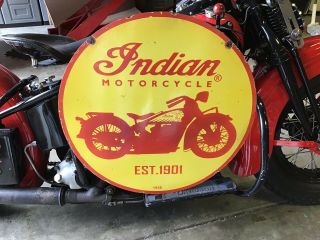 VINTAGE PORCELAIN 2 - SIDED INDIAN MOTORCYCLES DEALER SIGN Harley Chief Scout 7