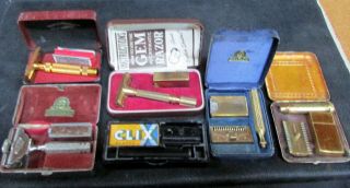 Six Vintage Safety Razors In Cases - Gillette - Gem Ever Ready - Clix