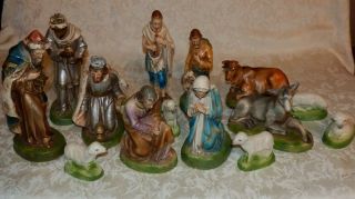 Vtg 15 Pc Set Chalk Ware Plaster Nativity Scene Figurines Christmas W/ 6 Sheep