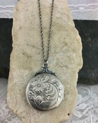 Antique Birks Etched Sterling Silver Round Photo Locket Necklace 18 In Chain