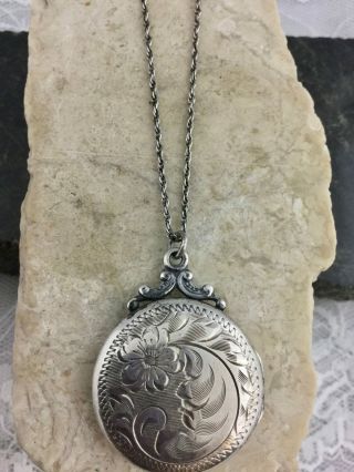 Antique Birks Etched Sterling Silver Round Photo Locket Necklace 18 in Chain 2