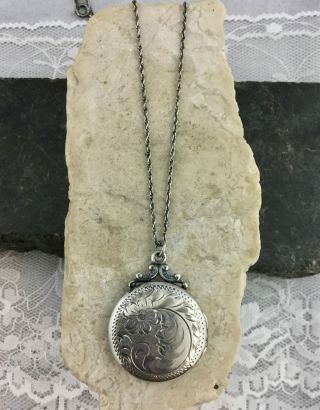 Antique Birks Etched Sterling Silver Round Photo Locket Necklace 18 in Chain 3