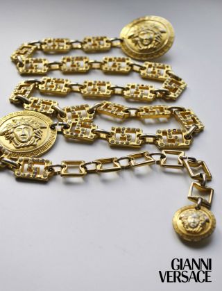 Gianni Versace Vintage Medusa Medallion Gold Crystal Chain Link Belt Necklace