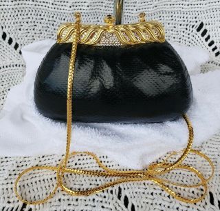 Vintage Judith Leiber Black Lizard Skin Swarovski Crystal Clutch Couture Bag