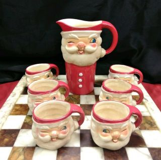Rare Vtg.  1960 Holt Howard Christmas Winking Santa Claus Ceramic Pitcher & Cups