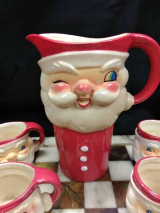 Rare Vtg.  1960 Holt Howard Christmas Winking Santa Claus Ceramic Pitcher & Cups 2