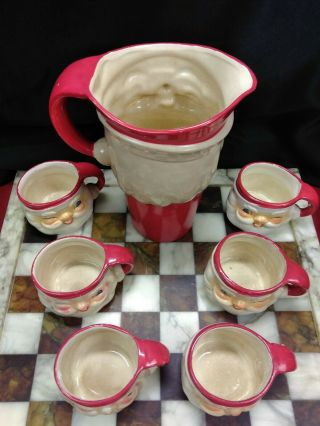 Rare Vtg.  1960 Holt Howard Christmas Winking Santa Claus Ceramic Pitcher & Cups 8