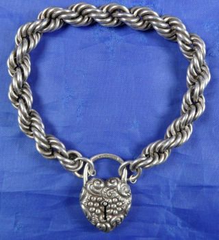 Stunning Antique Chunky Silver Bracelet With Large Decorative Heart Padlock