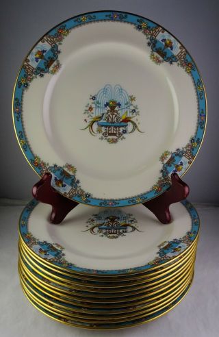 12 Vintage Lenox China Fountain Salad Plates Two Birds,  Turquoise Border Enamel