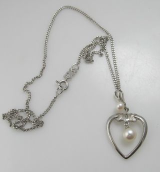 Mikimoto Vintage Sterling Silver Pearl Heart Necklace
