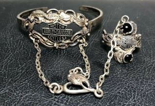 Vintage Harley Davidson Logo Sterling Silver Slave Bracelet & Ring